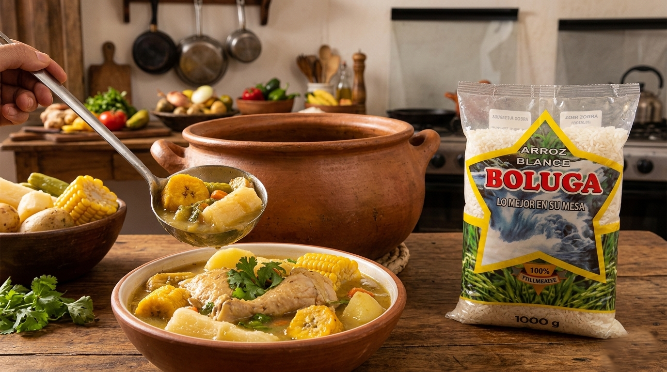 Sancocho colombiano con arroz Boluga